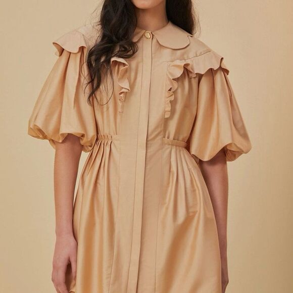 NEW FARM Rio Beige Short Sleeve Mini Dress Ruffle Peter Pan Puffed Size S or M - Picture 3 of 16